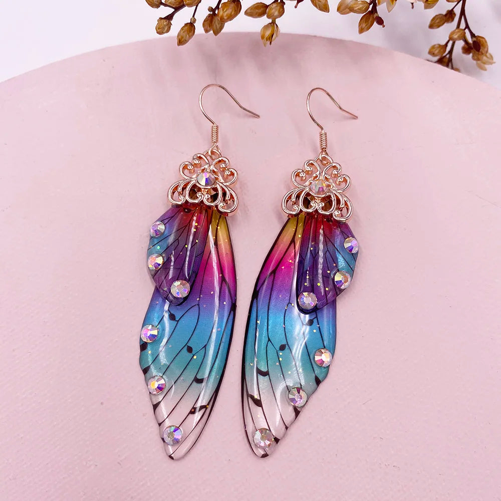 New Handmade Fairy Simulation Wing Earrings Insect Butterfly Wing Drop Earrings Foil Rhinestone Earrings Romantic Bridal Jewelry