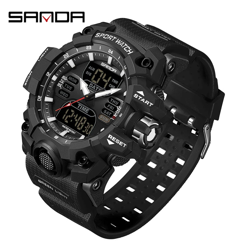 SANDA Luxury G Style Men's Electronic Watch Outdoor Sports LED Analog Digital Chronograph Military Dual Display 50M Waterproof