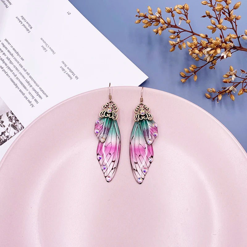 New Handmade Fairy Simulation Wing Earrings Insect Butterfly Wing Drop Earrings Foil Rhinestone Earrings Romantic Bridal Jewelry