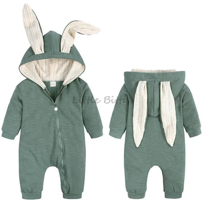 Spring Autumn Newborn Baby Boys Rabbit Cartoon Hooded Rompers Infant Jumpsuits Easter Bunny Baby Romper Zipper Newborn Clothes