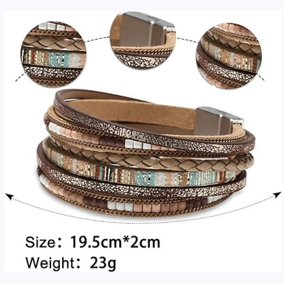 Leather Wrap Bracelets for Women Girlfriend Wife , Boho Leopard Multi-Layer Crystal Beads Cuff Bracelet Jewelry