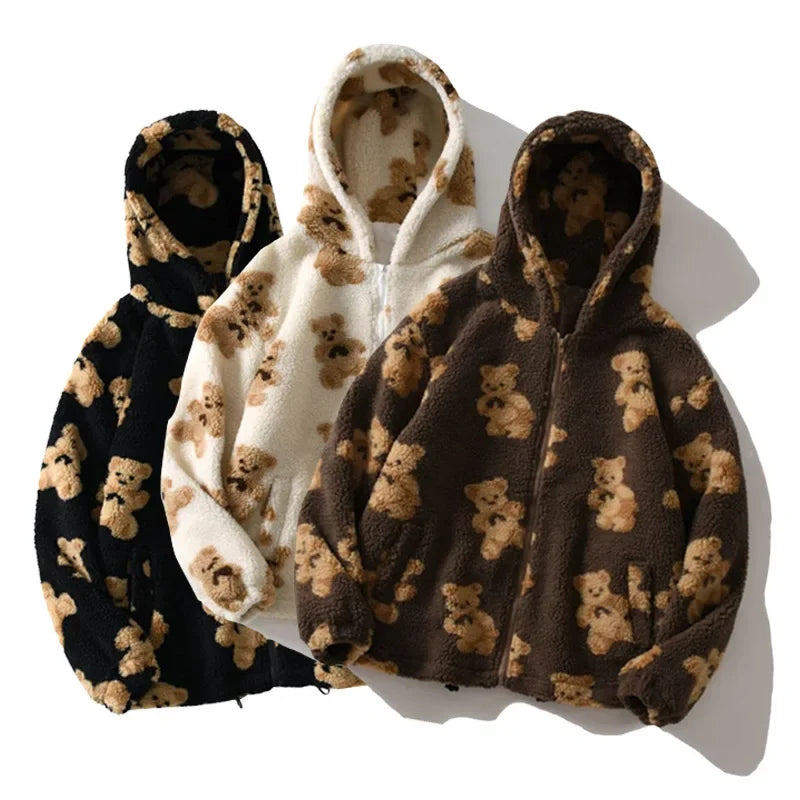 Harajuku Heart-shaped Print Plush Jacket Women Winter 2025 Korean Long Sleeve Hooded Coat Thick Warm Couple Streetwear Outerwear