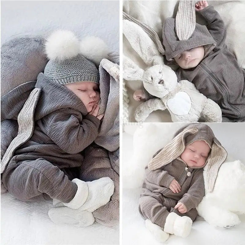 Spring Autumn Newborn Baby Boys Rabbit Cartoon Hooded Rompers Infant Jumpsuits Easter Bunny Baby Romper Zipper Newborn Clothes