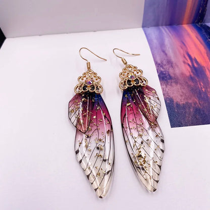 New Handmade Fairy Simulation Wing Earrings Insect Butterfly Wing Drop Earrings Foil Rhinestone Earrings Romantic Bridal Jewelry