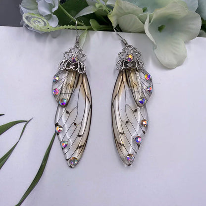 New Handmade Fairy Simulation Wing Earrings Insect Butterfly Wing Drop Earrings Foil Rhinestone Earrings Romantic Bridal Jewelry