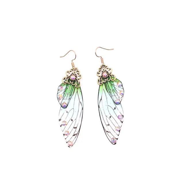 New Handmade Fairy Simulation Wing Earrings Insect Butterfly Wing Drop Earrings Foil Rhinestone Earrings Romantic Bridal Jewelry