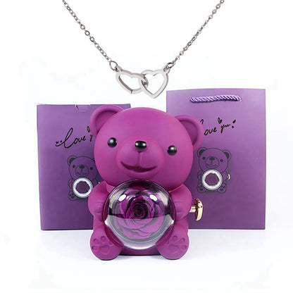 Valentine's Day Gift  Rose  Bear with Stainless Steel  Necklace Jewelry Gifts Set for Woman Christmas Gift