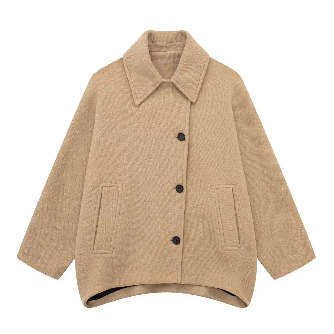 TRAFZA Winter Women's Loose Short Jacket Stand Collar Long Sleeve Button Casual Jacket Women's Wool Blended Khaki Top Y2K