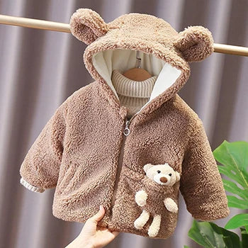 1 2 3 4 5 6 Years Baby Boy Jacket Winter Thicken Warm Hooded Children's Outerwear Cute Bear Plush Coats For Toddler Girl Clothes