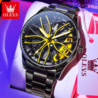 OLEVS Men Watches Waterproof Rotary Sport Car Rim Man Luxury Watch High Quality Fashion Stainless Steel Quartz Men's Watches