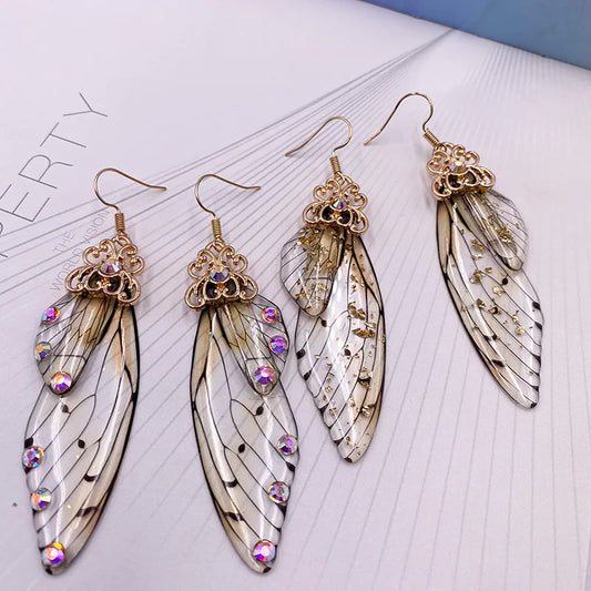 New Handmade Fairy Simulation Wing Earrings Insect Butterfly Wing Drop Earrings Foil Rhinestone Earrings Romantic Bridal Jewelry