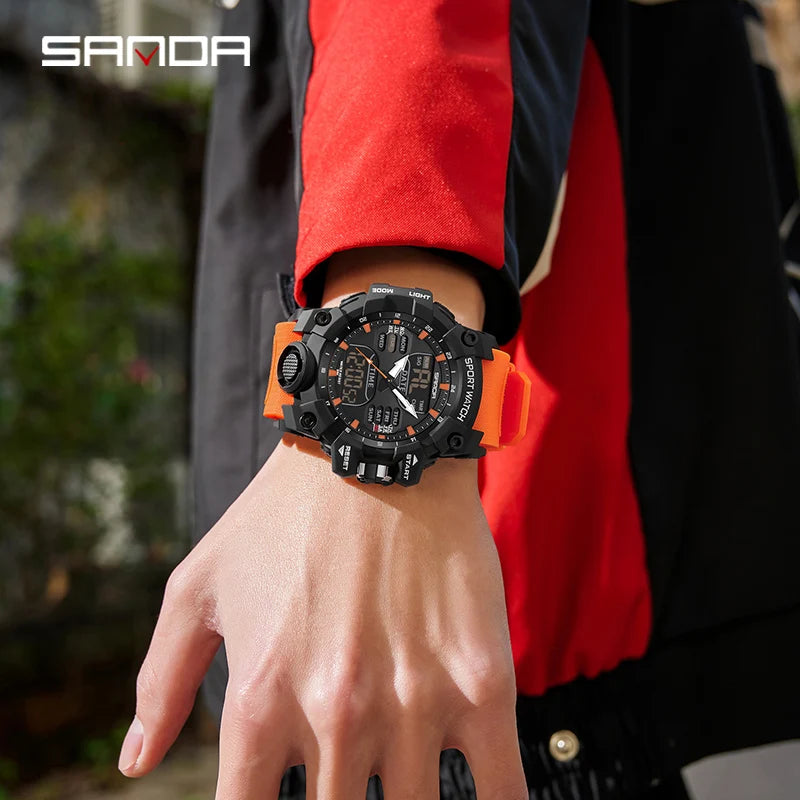 SANDA Luxury G Style Men's Electronic Watch Outdoor Sports LED Analog Digital Chronograph Military Dual Display 50M Waterproof