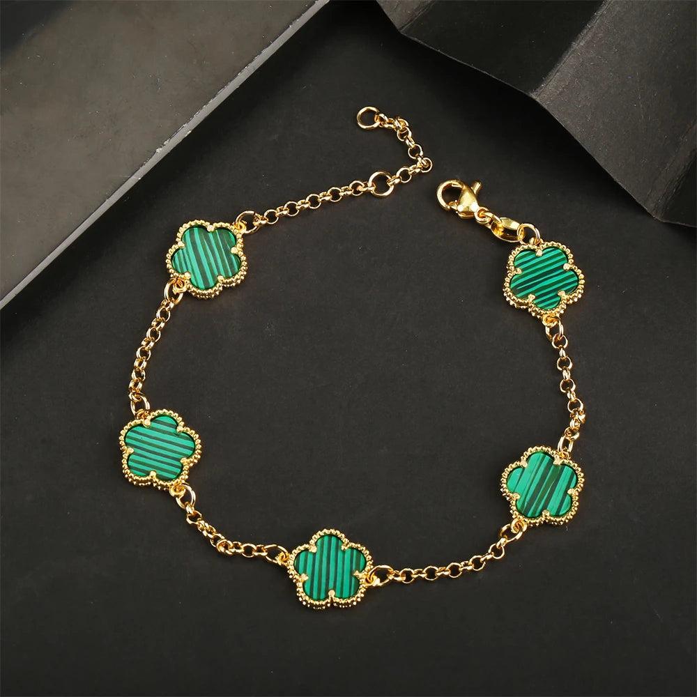 Luxury Green Flower Natural White Shell Flower Stone Bracelet Ladies Gift High Quality Five Leaf Clover Bracelet Jewelry