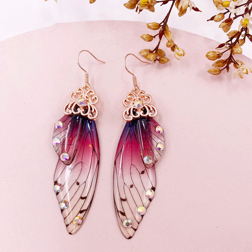 New Handmade Fairy Simulation Wing Earrings Insect Butterfly Wing Drop Earrings Foil Rhinestone Earrings Romantic Bridal Jewelry