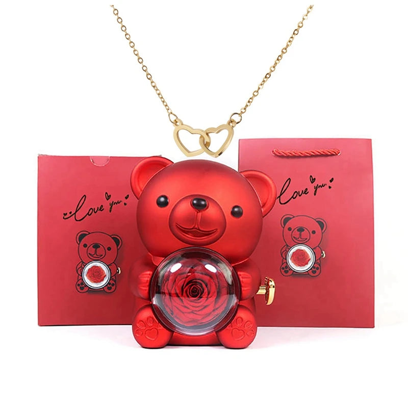 Valentine's Day Gift  Rose  Bear with Stainless Steel  Necklace Jewelry Gifts Set for Woman Christmas Gift