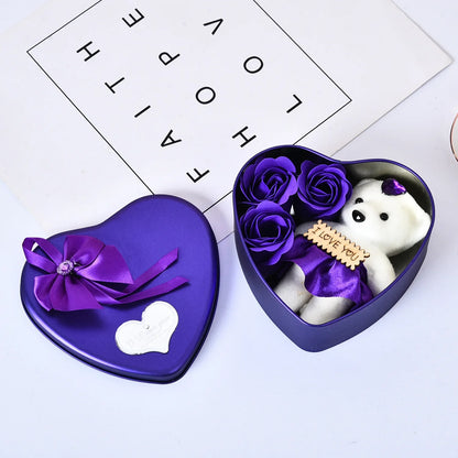 Heart Shaped Iron Box Eternal Flower Valentine's Day Gift Soap Flower Simulation Rose Bouquet Gift Box Set A for My Girlfriend