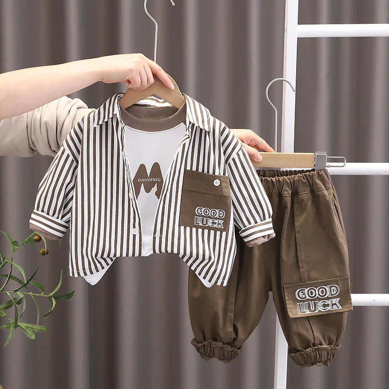 New Spring Children Clothing Boys Clothes Fashionable Stripe Pocket Outwear T-shirt Pants 3 PCS Outfits Baby Casual Kids Suits