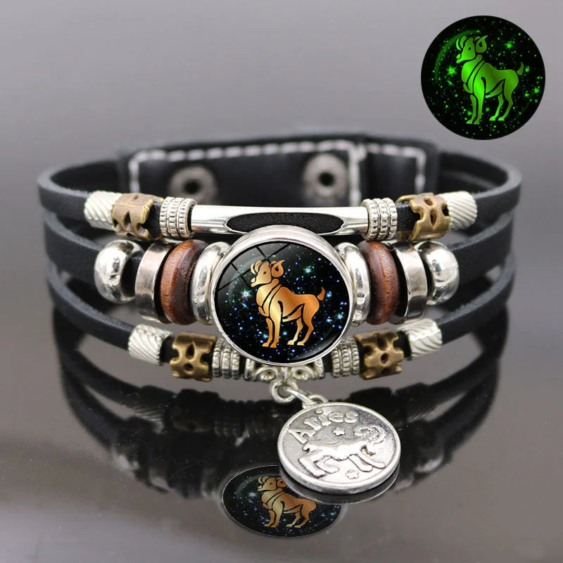 Luminous 12 Constellation Vintage Bracelet for Men Women Braided Punk Leather Bracelets Birthday Gift Glow In The Dark Bracelet