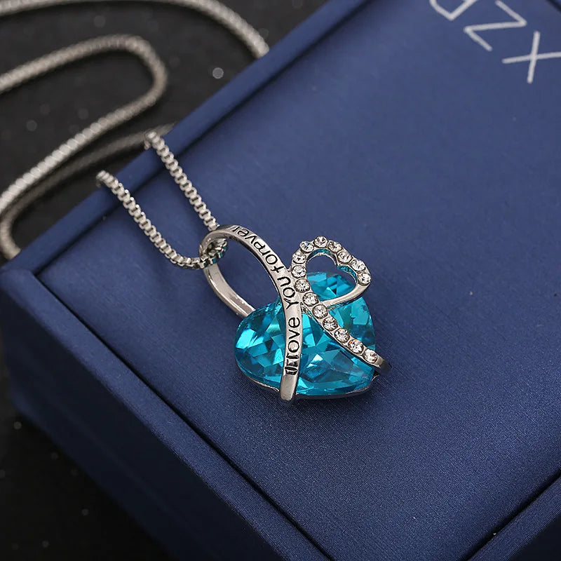 New Everlasting Heart Pendant Necklace For Women Exquisite Jewelry Blue Crystal Forever Love Charm  Valentine's Day Gift