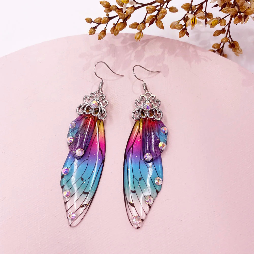 New Handmade Fairy Simulation Wing Earrings Insect Butterfly Wing Drop Earrings Foil Rhinestone Earrings Romantic Bridal Jewelry