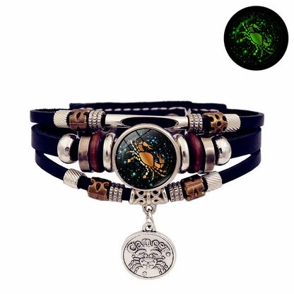 Luminous 12 Constellation Vintage Bracelet for Men Women Braided Punk Leather Bracelets Birthday Gift Glow In The Dark Bracelet