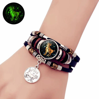 Luminous 12 Constellation Vintage Bracelet for Men Women Braided Punk Leather Bracelets Birthday Gift Glow In The Dark Bracelet