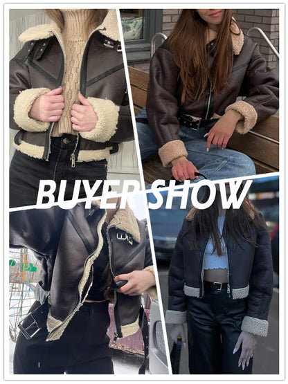 Ailegogo Winter Women Streetwear Faux Lamb Leather Fur Short Jacket with Belt Moto Biker Thick Warm Sheepskin Coat Outwear