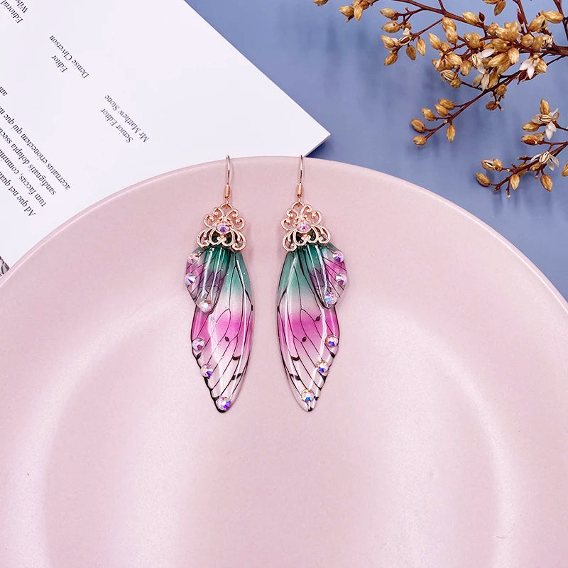 New Handmade Fairy Simulation Wing Earrings Insect Butterfly Wing Drop Earrings Foil Rhinestone Earrings Romantic Bridal Jewelry