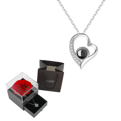 Projection Necklace Set With Rose Gift Box 100 Languages I Love You Heart Pendant Jewelry 2024 For Girlfriend Gifts Dropshipping