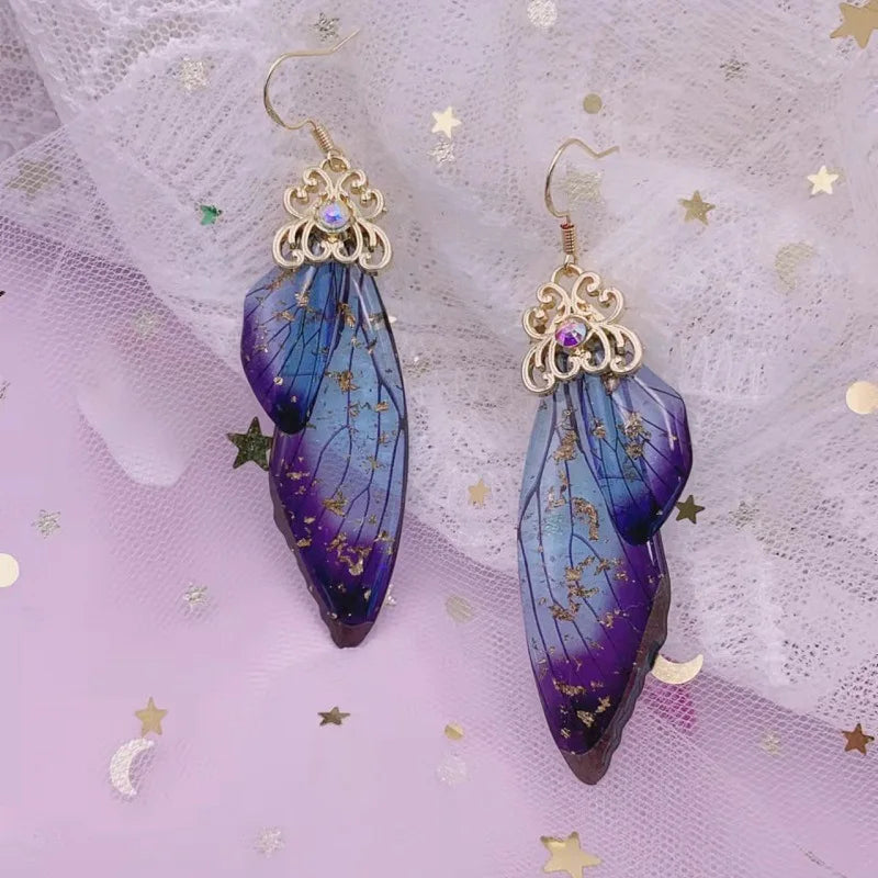 New Handmade Fairy Simulation Wing Earrings Insect Butterfly Wing Drop Earrings Foil Rhinestone Earrings Romantic Bridal Jewelry