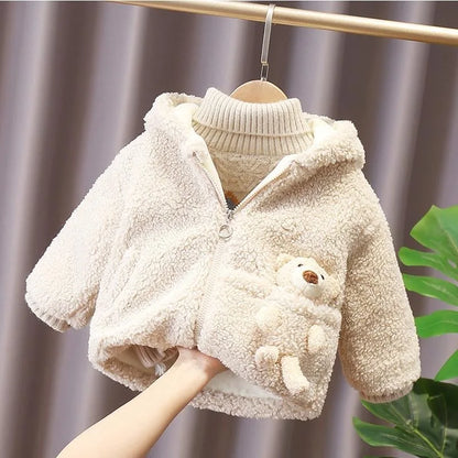 1 2 3 4 5 6 Years Baby Boy Jacket Winter Thicken Warm Hooded Children's Outerwear Cute Bear Plush Coats For Toddler Girl Clothes