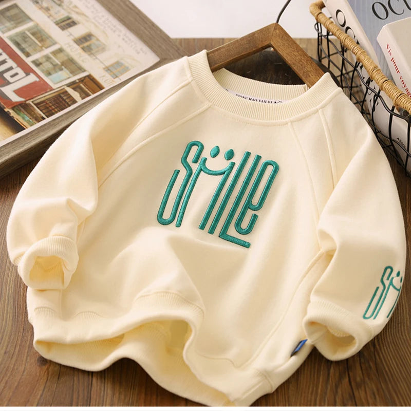 New Big Size Spring Autumn Boys Shirt Fashion Letter Smile Full Sleeve Teenager Boys Sweatshirt 3-12 Years Children Top Clothes