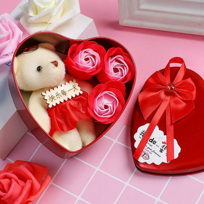 Heart Shaped Iron Box Eternal Flower Valentine's Day Gift Soap Flower Simulation Rose Bouquet Gift Box Set A for My Girlfriend