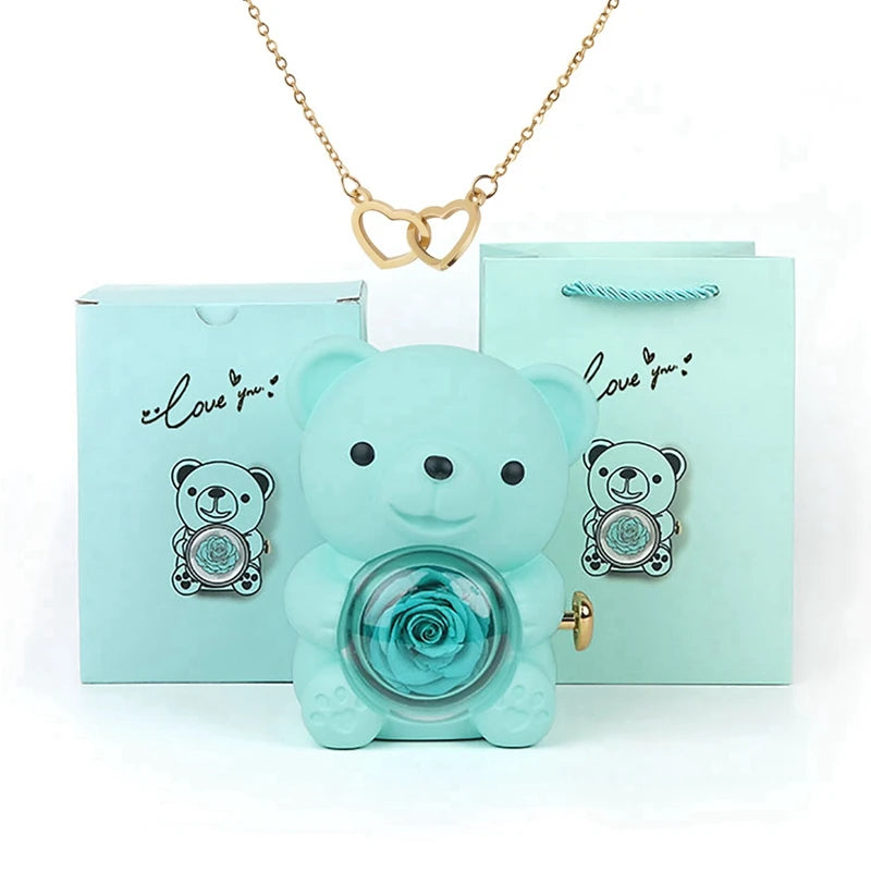 Valentine's Day Gift  Rose  Bear with Stainless Steel  Necklace Jewelry Gifts Set for Woman Christmas Gift