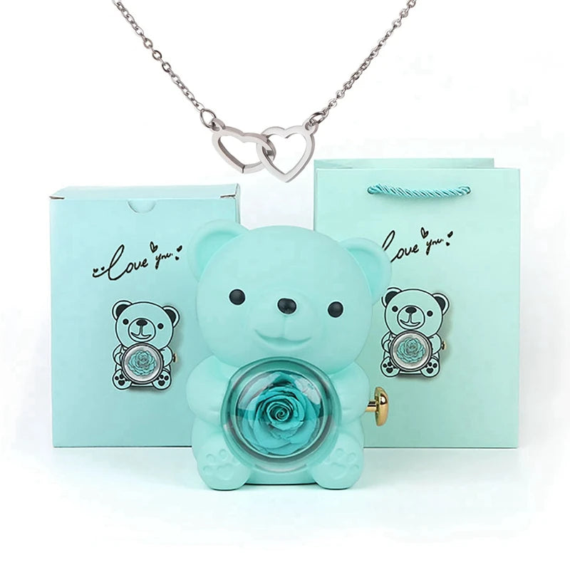 Valentine's Day Gift  Rose  Bear with Stainless Steel  Necklace Jewelry Gifts Set for Woman Christmas Gift