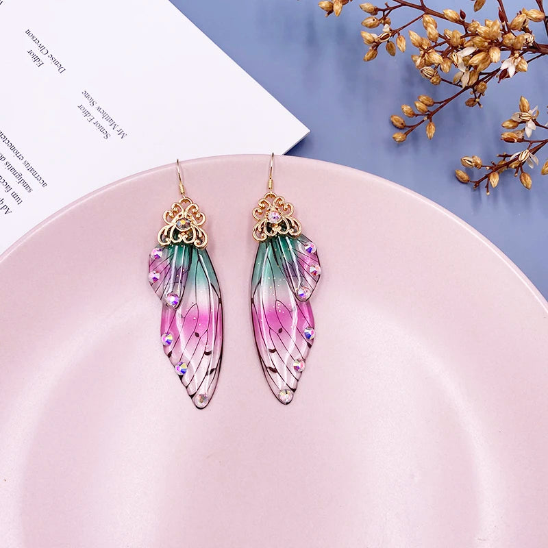 New Handmade Fairy Simulation Wing Earrings Insect Butterfly Wing Drop Earrings Foil Rhinestone Earrings Romantic Bridal Jewelry